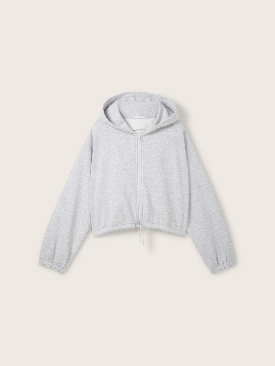 chaqueta sudadera con capucha corta en look jaspeado