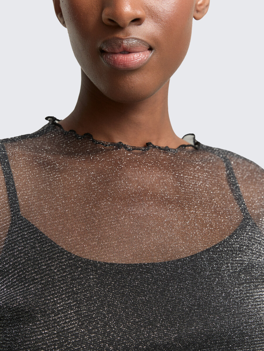 camisa de manga larga de malla con efecto brillo