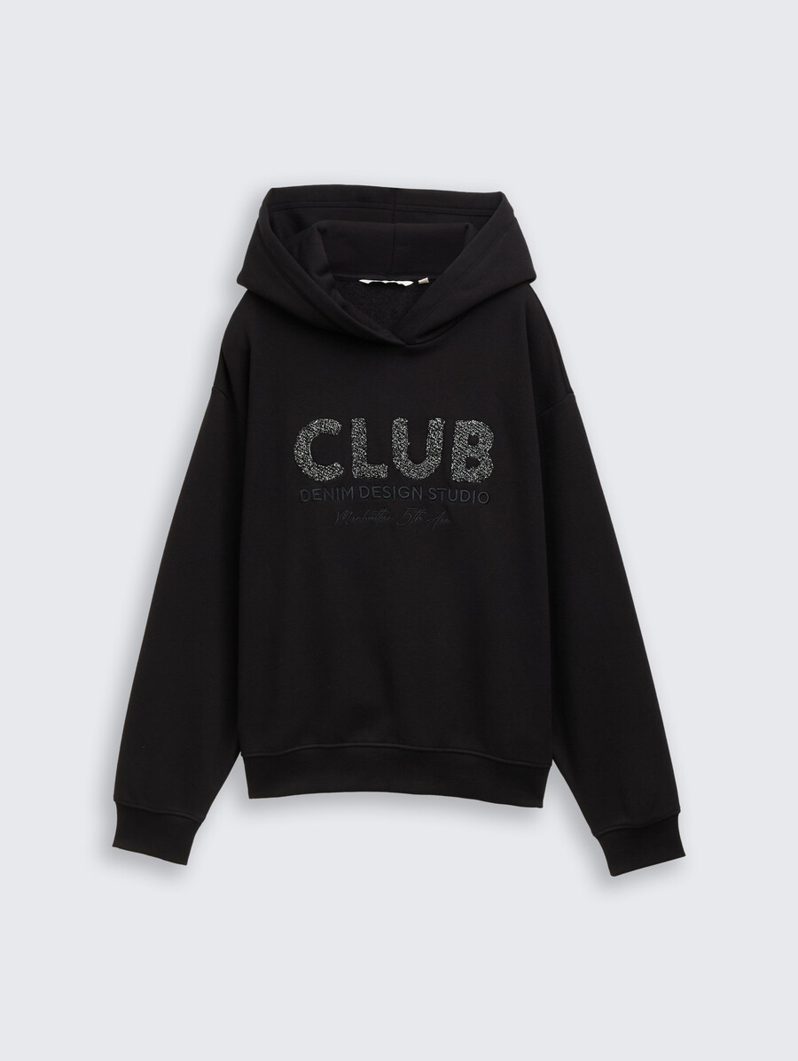 sudadera con capucha de gran tamaño y apliques de purpurina